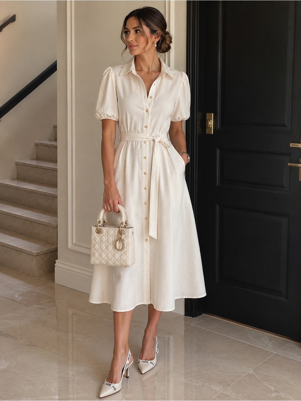 Sharagano Cream Button-Front Midi Shirt Dress with Waist Tie